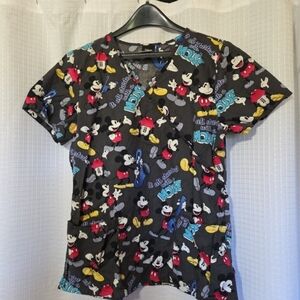 Disney Gray Mickey Mouse Scrub Top Med, EUC "It All Started With A Mouse"